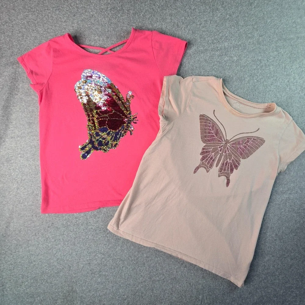 The Children's Place Butterfly Graphic T-Shirt Lot Girls 16 XXL Pink Sequin Y2K